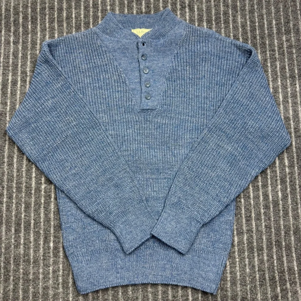 L.L. Bean High Trek Yarn Sweater L Blue NEW Henley Wool Blend Waffle Knit (2180)